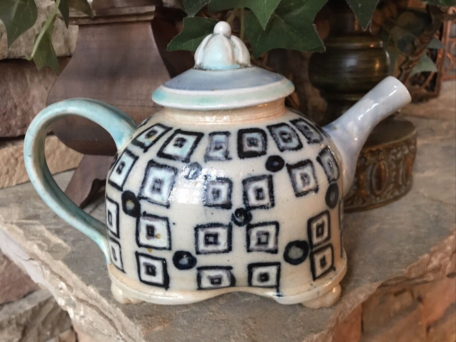 Vintage Ceramic Teapot With Lid And Handle Signed Handmade Blue White Stoneware