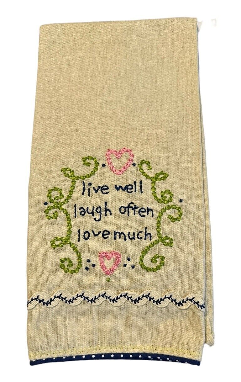 Vintage Linen Tea Towel Embroidered Heart Vines Pink Green Hand Dish Towel