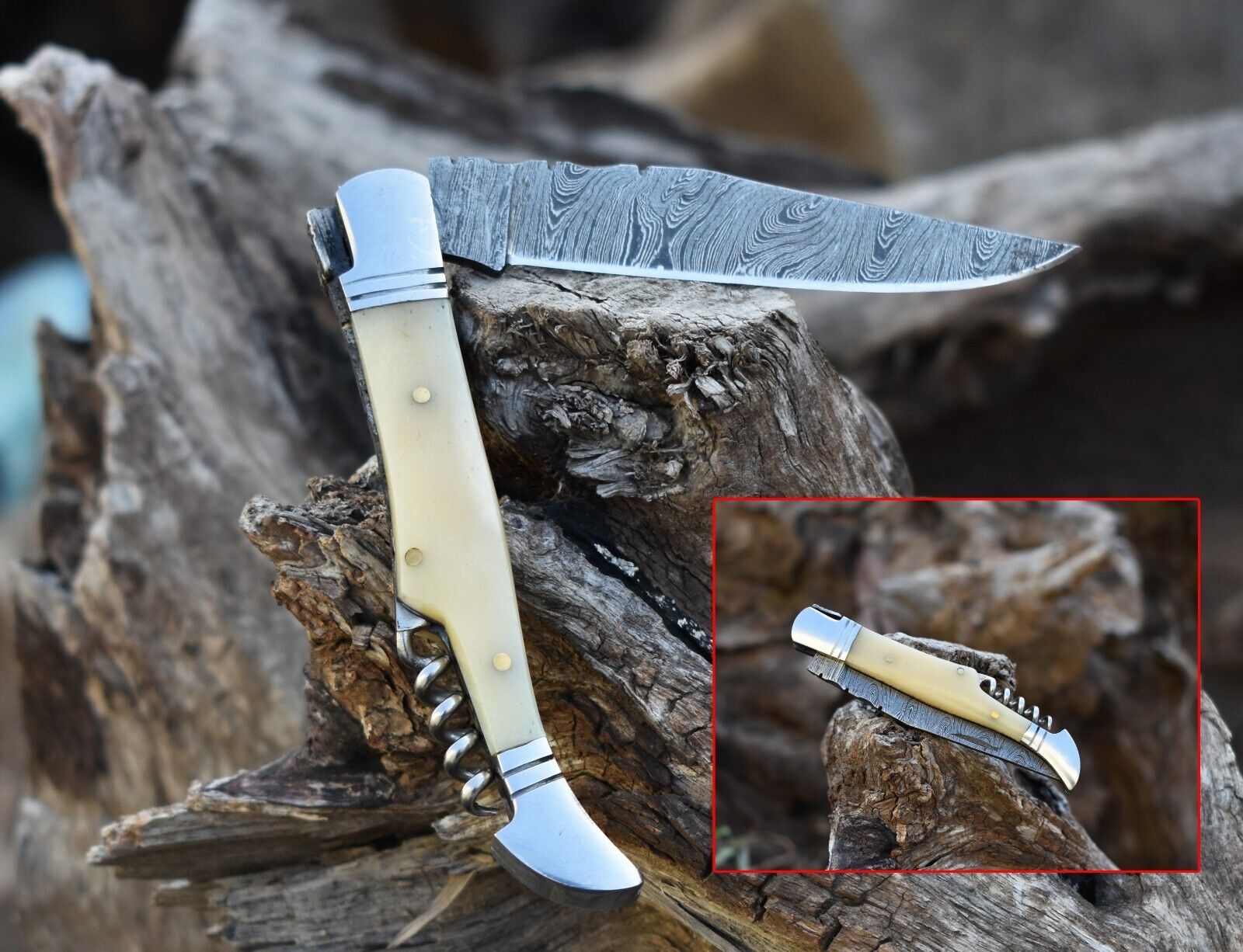Damascus handmade laguiole Folding Knife Pocket knife camping Hunting Knife Pouc