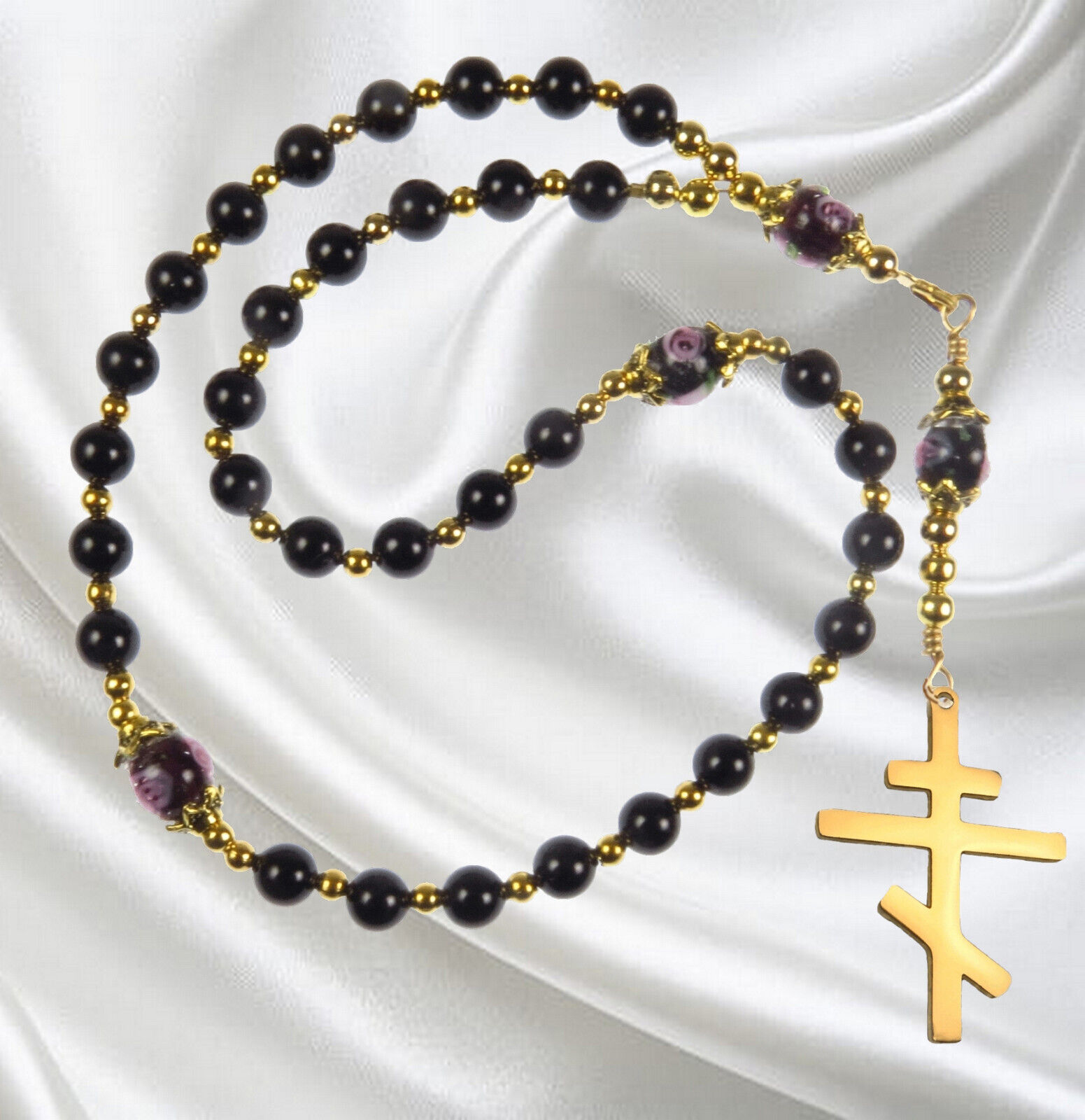 Handmade Rosary, Eastern Orthodox, Black Shell Pearls, Lampwork  Accent Beads