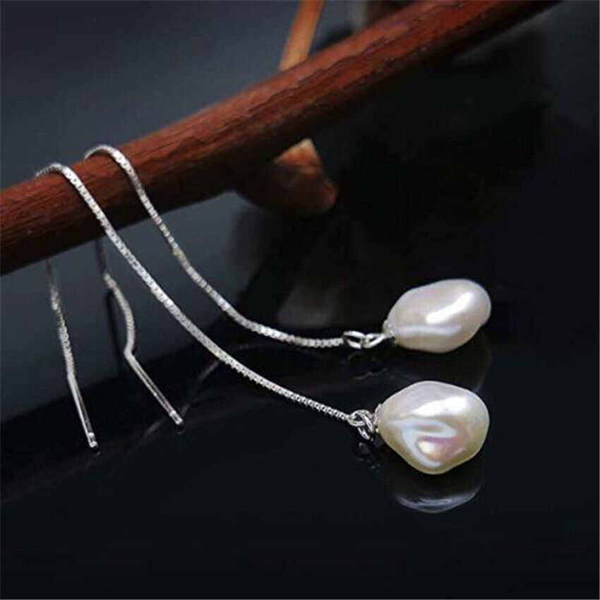 Fashion 11-12mm White Baroque Pearl Earrings 18k Ear Stud Men Handmade