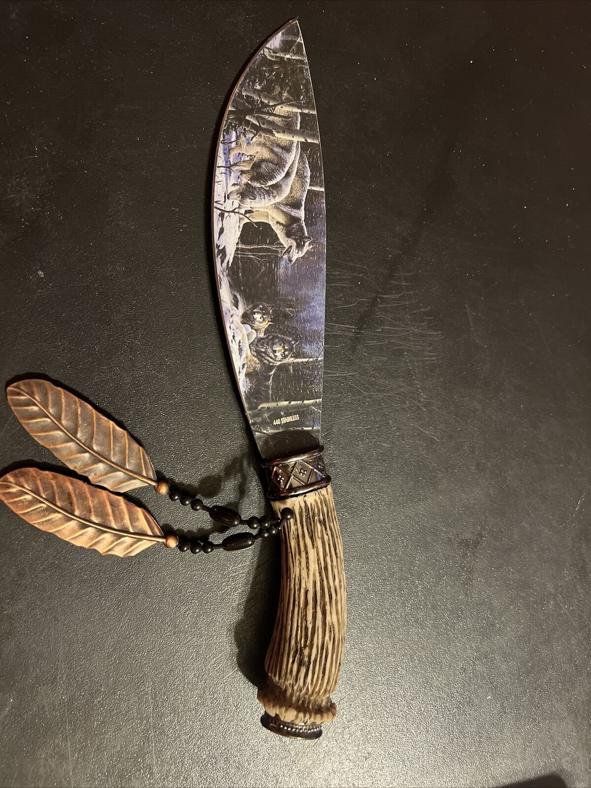 Beautiful Wolf Fixed Blade Wooden handle Beautiful Engraved Great Handle