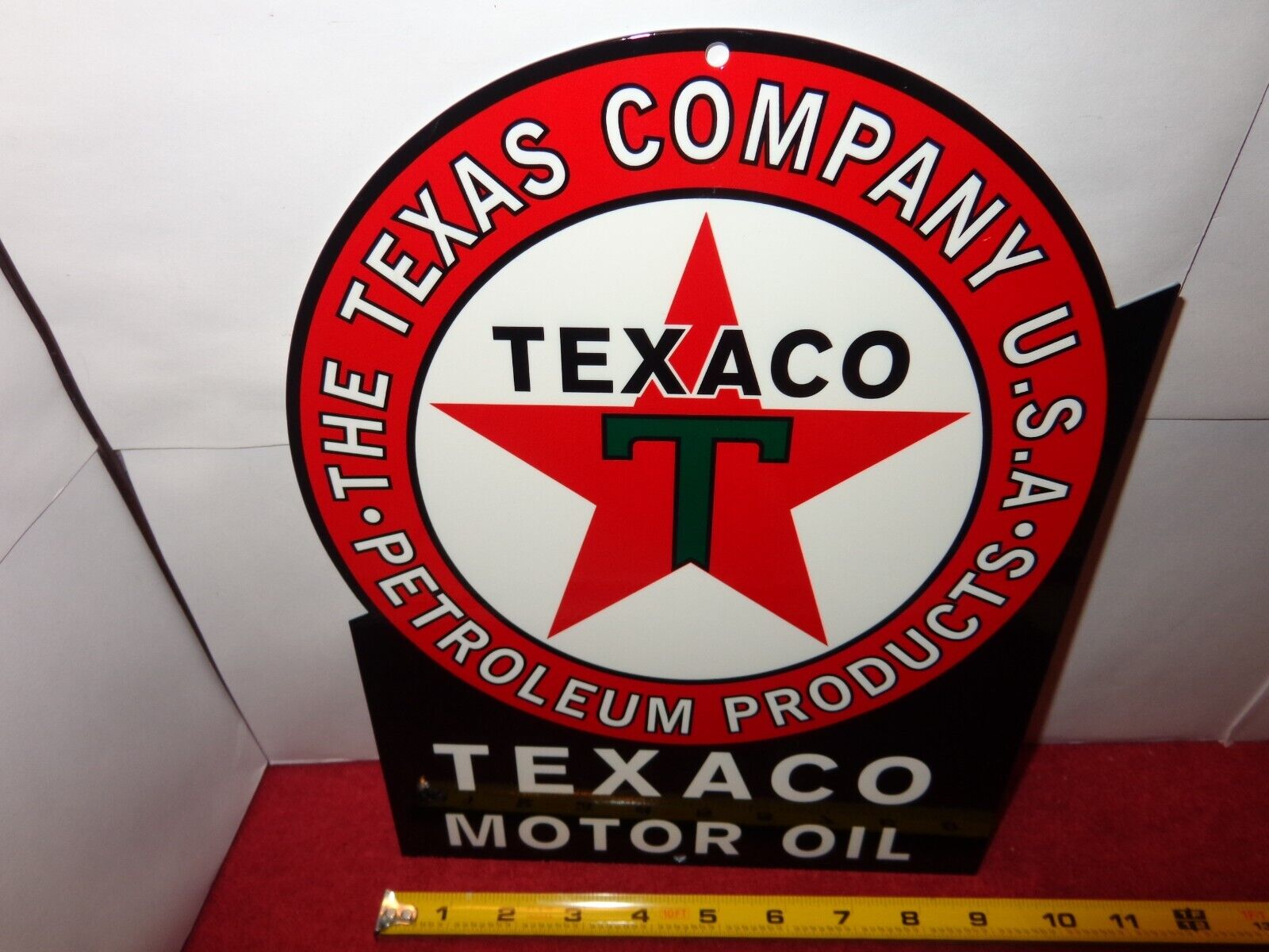 9x12 in TEXACO MOTOR OIL & GAS CO. TEXAS USA ADV. SIGN HEAVY DIE CUT METAL #S 90