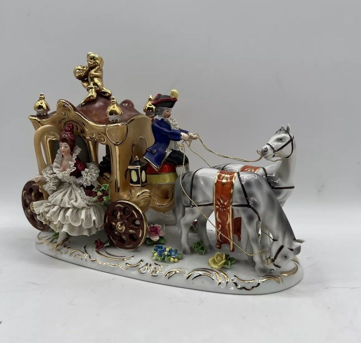 Vintage Dresden Figurine Cinderella Horse-Drawn Carriage Driver, Passenger, 6065