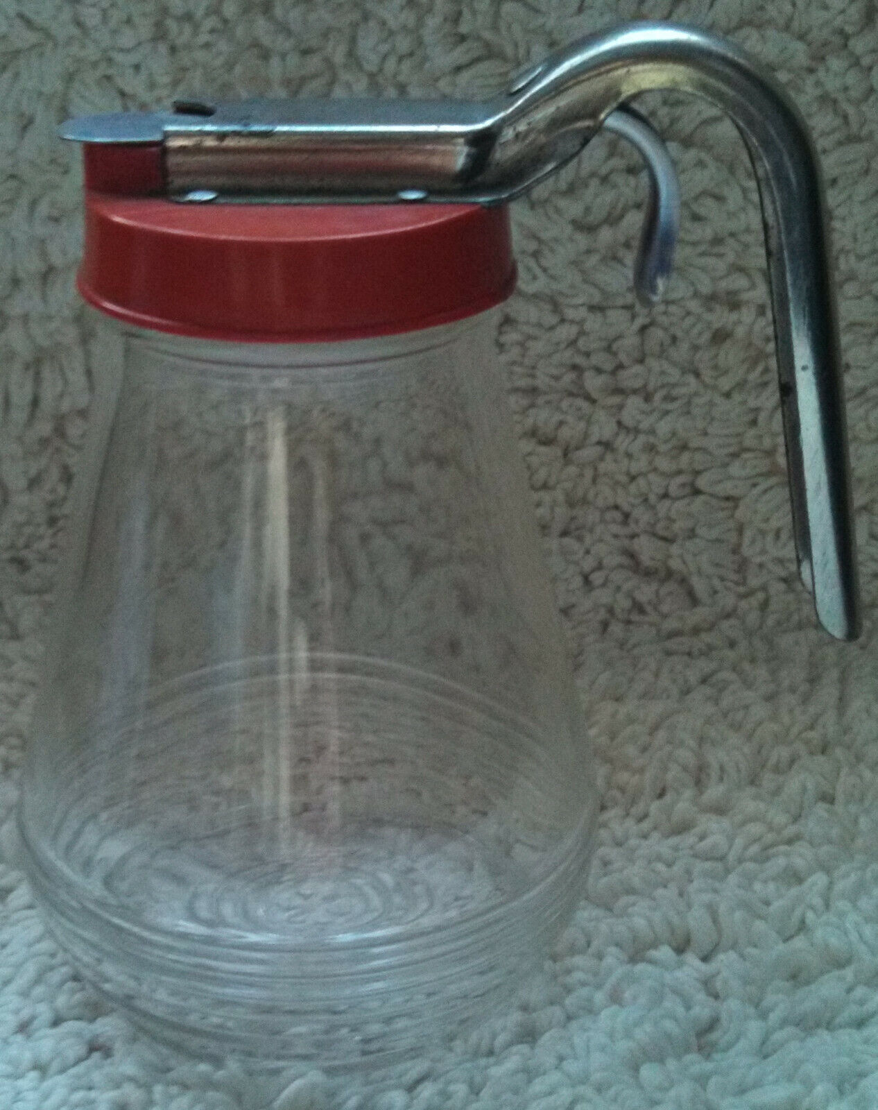Vintage Glass Syrup Dispenser with Red Plastic Top