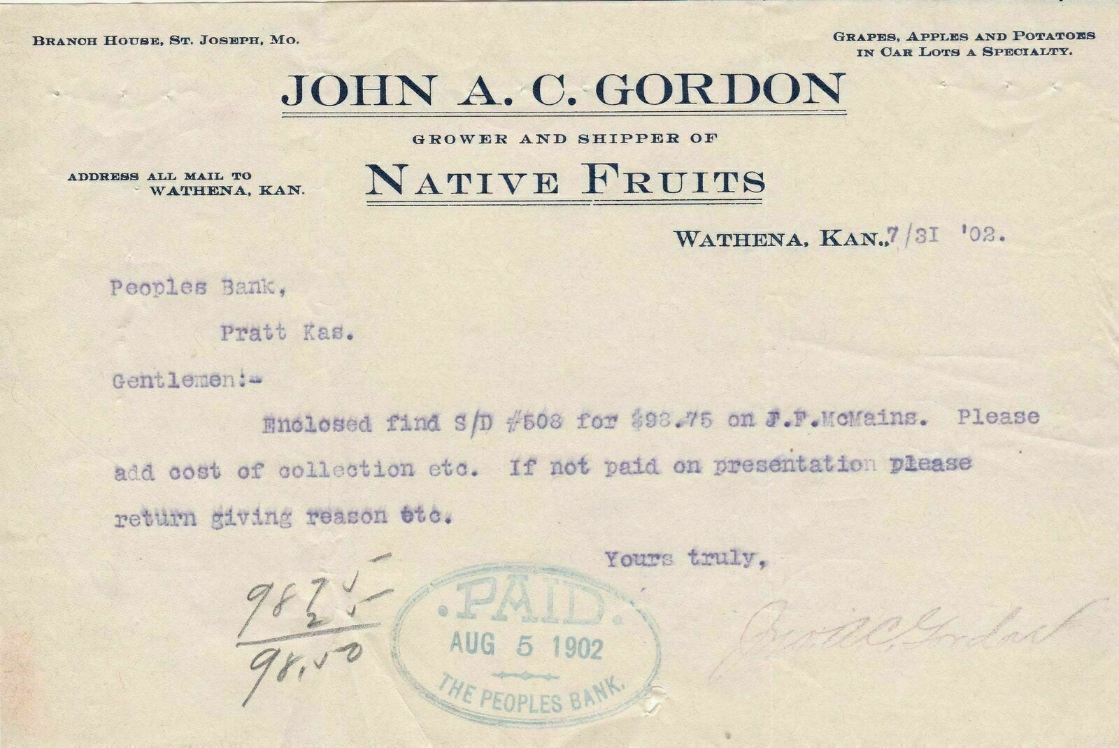 U.S. John A.C. Gordon Wathena 1902 Grower of Native Fruits Paid Invoice Rf 43336