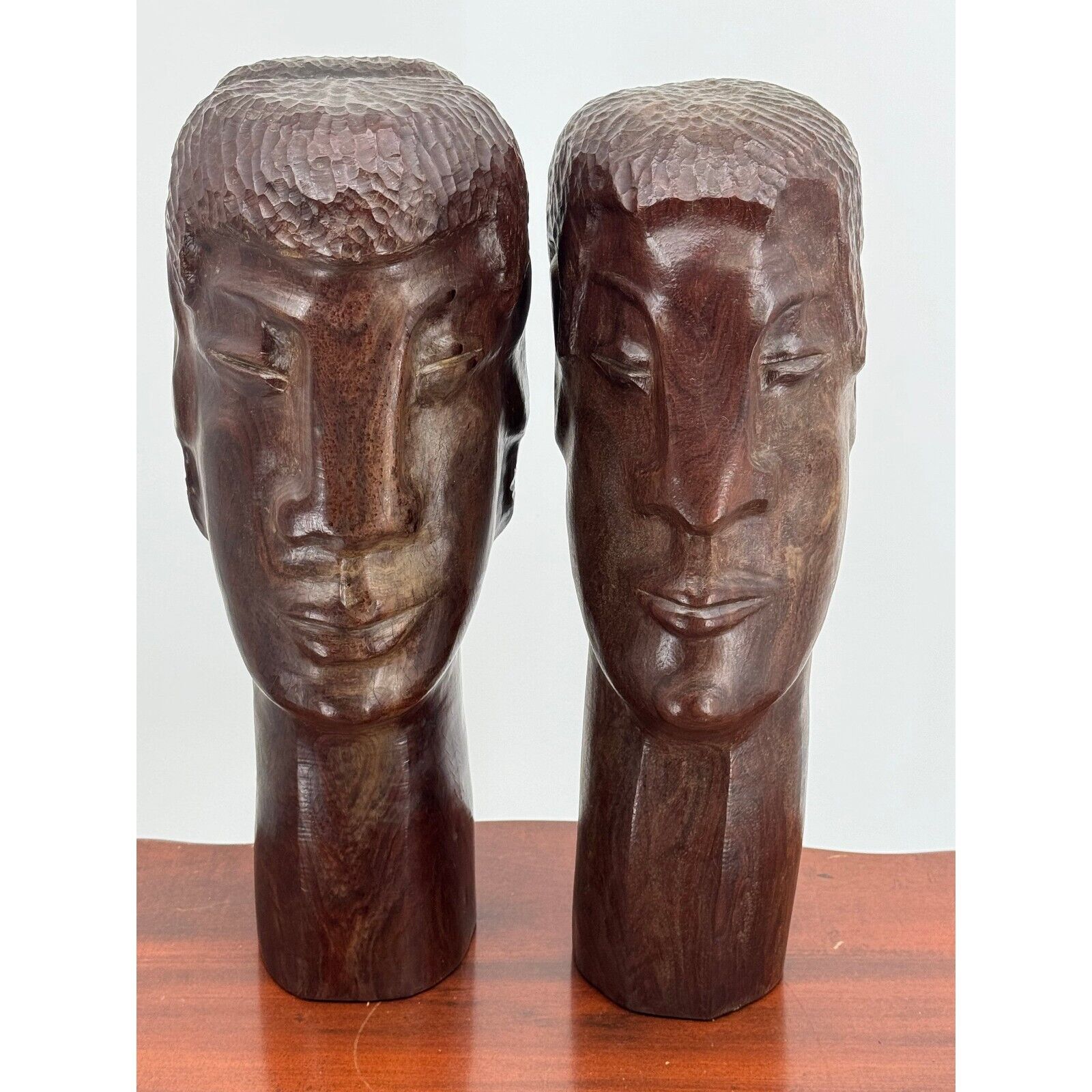 Antique African Tribal Ebony Carved Pair of Heads