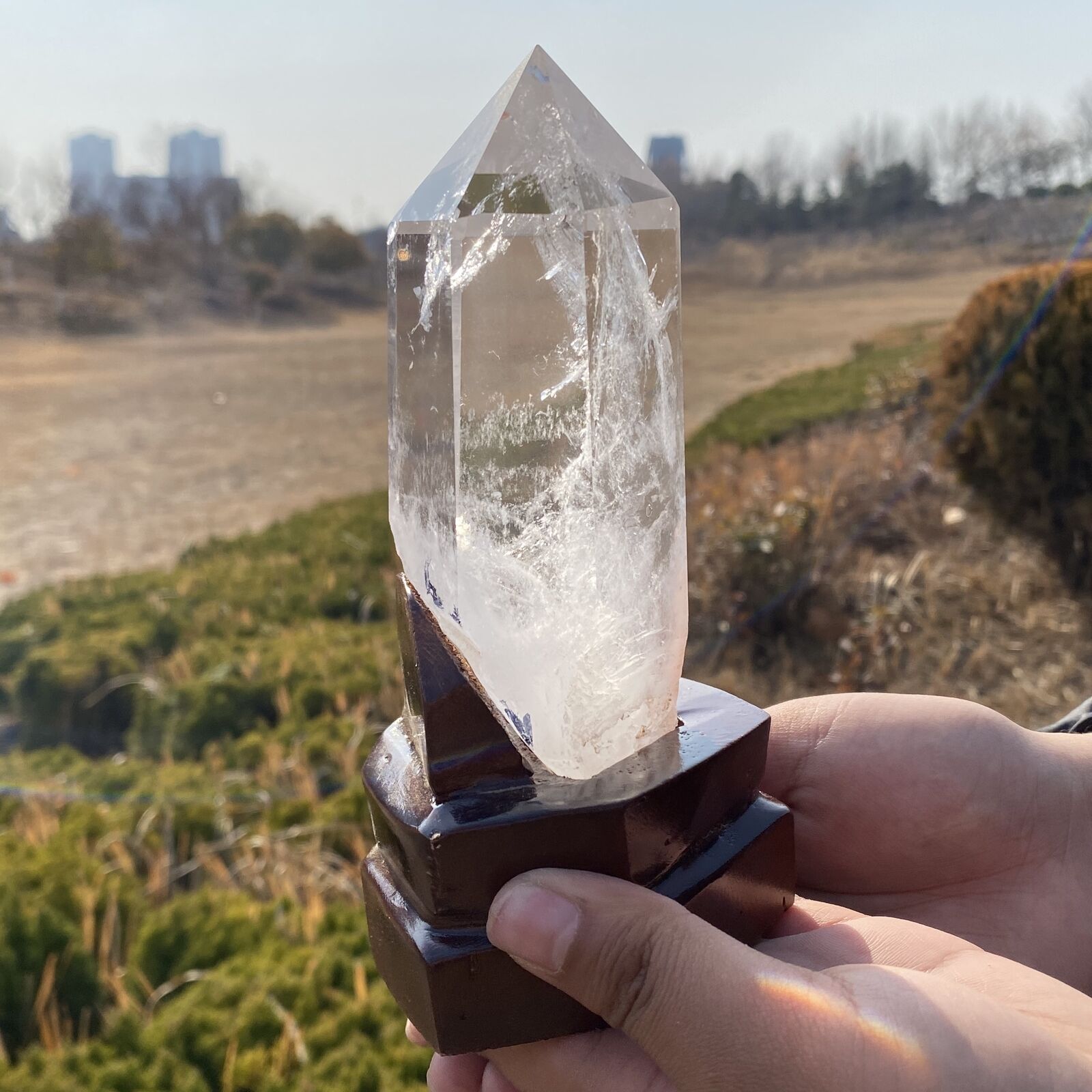 1.4LB top natural clear quartz obelisk crystal point wand healing+stand