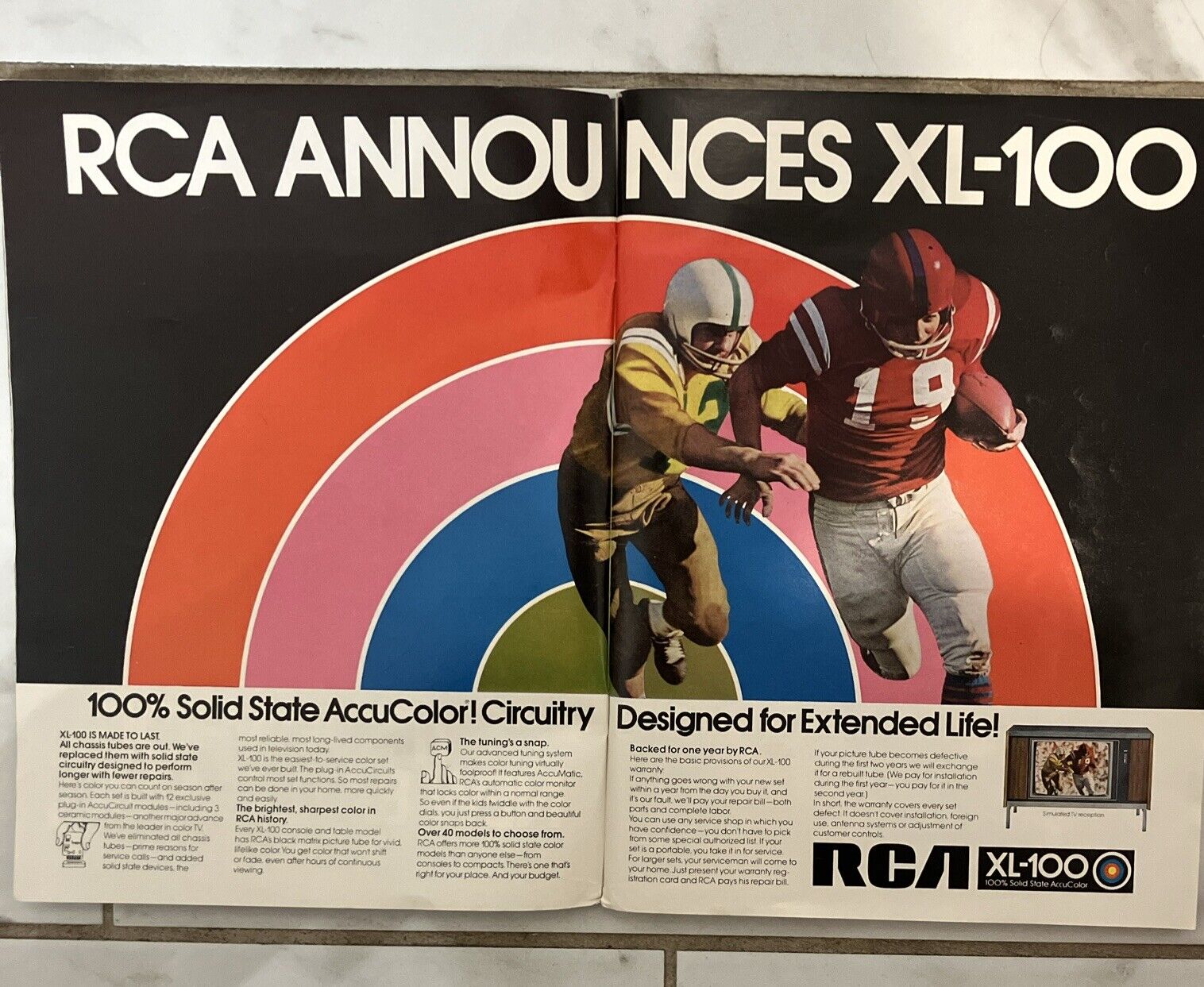 Vintage print Ad  Original 1971 RCA Announces XL 100 Football Players 3 Page Ad