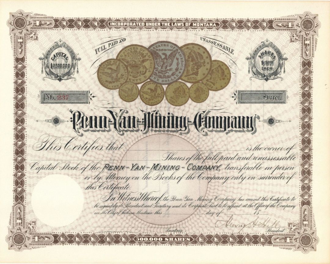 Penn-Yan-Mining-Co. - Unissued Stock Certificate - Mining Stocks