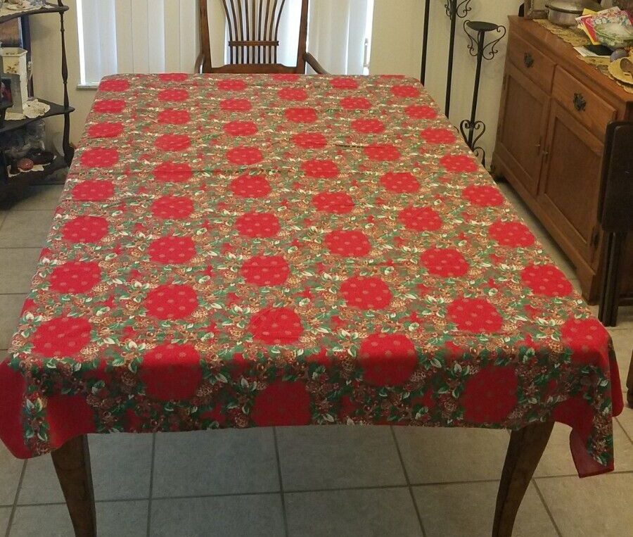 Vintage Christmas Tablecloth Handmade Rectangle Holly Berry Concord Fabric 56x78