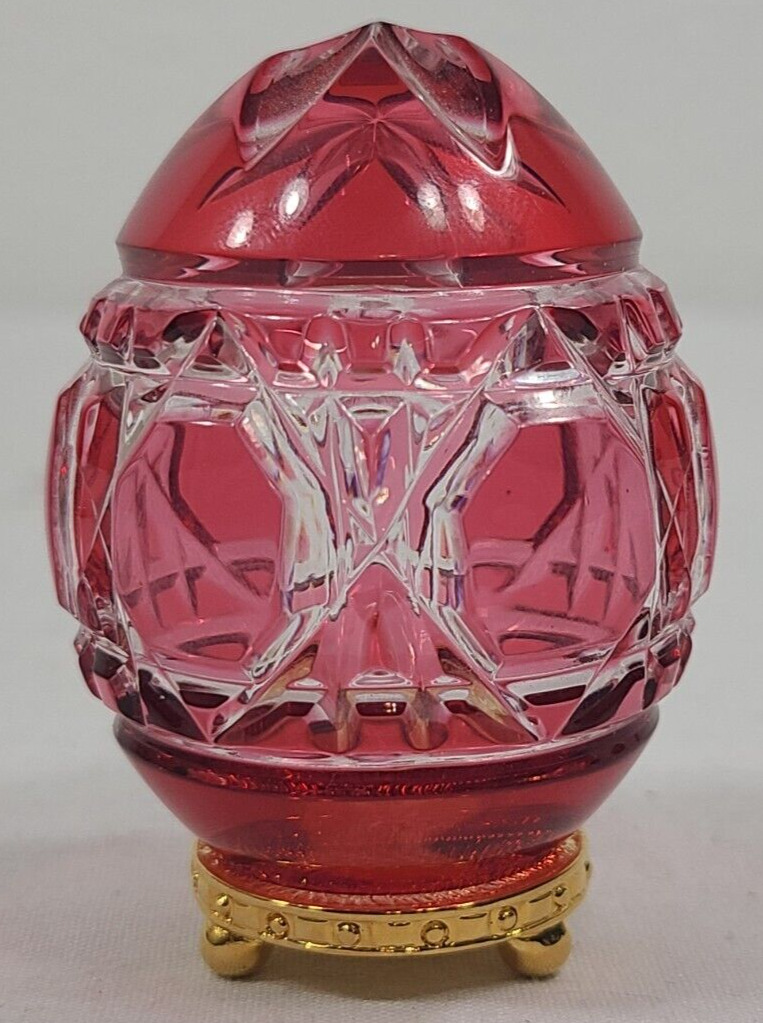 Vintage Cranberry Red Cut Crystal Glass Faberge Egg #523 On Stand