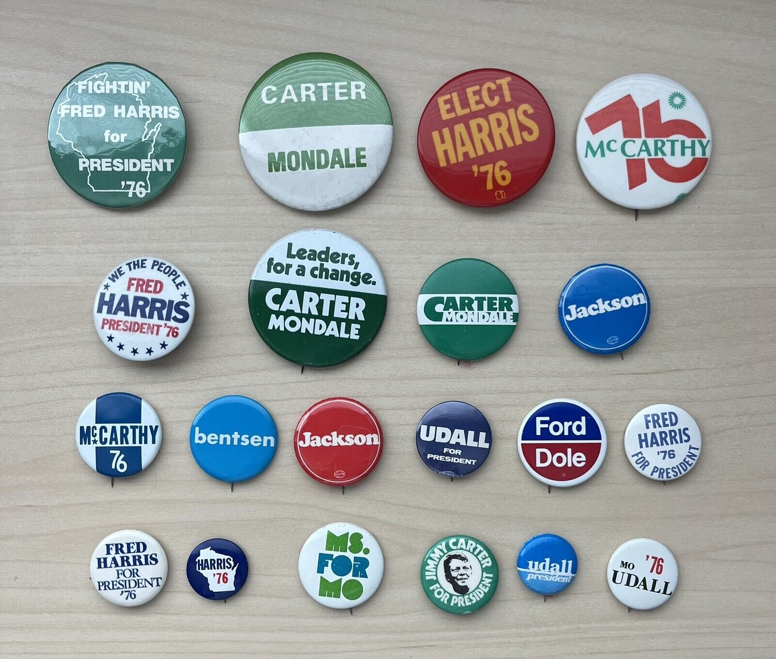 Lot of 20 Vintage 1976 Political Pinbacks Carter/Mondale Ford/Dole Harris Udall