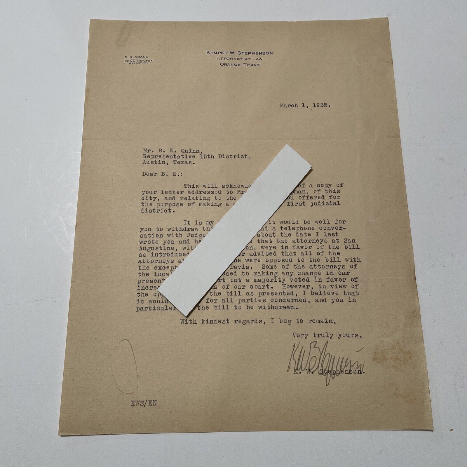Antique Letter Kemper W. Stephenson 1935 attorney Orange Texas 
