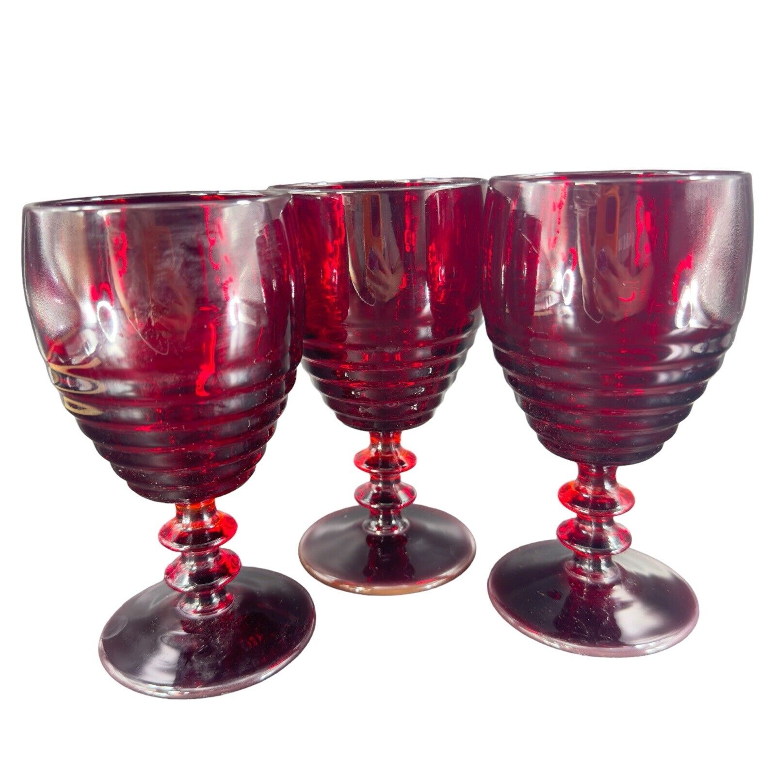 Paden City Penny Line Ruby Red Goblet Drinking Glasses Amberina UV Glow Set 3