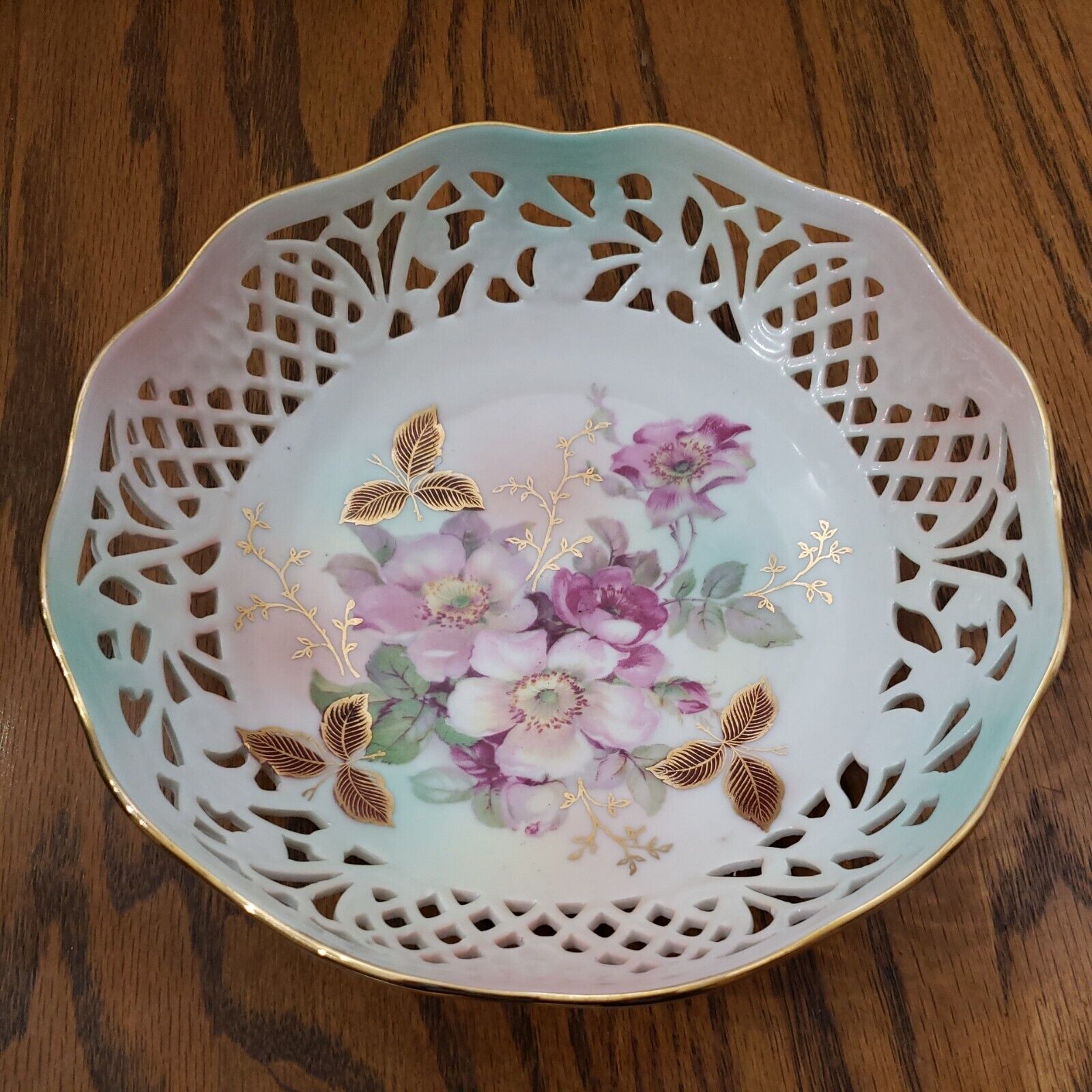 VTG Porcelain Schumann Arzberg Reticulated Bowl Gold Accent Wild Roses Pink Blue
