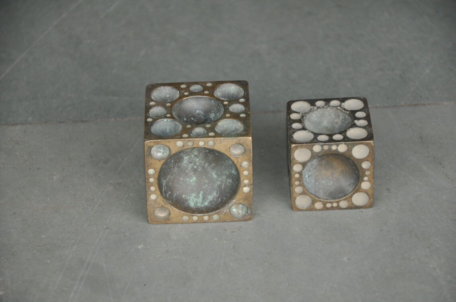 2 Pc Vintage Brass Casted Round Holes Engraved Cube Shape Dye / Seal / Stamp