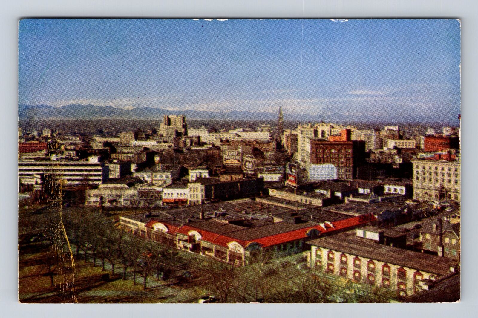 Denver CO-Colorado, Aerial City Skyline, Snowcapped  Rockies, Vintage Postcard