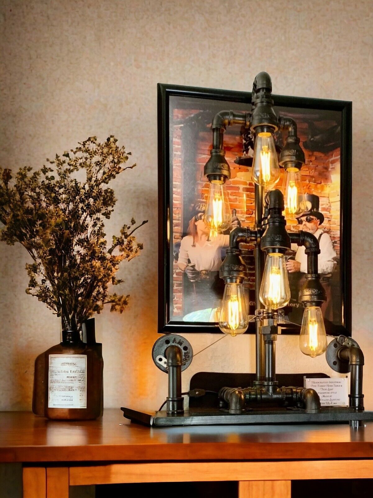 Handcrafted Industrial Pipe Double tiered, 2 switch table lamp.