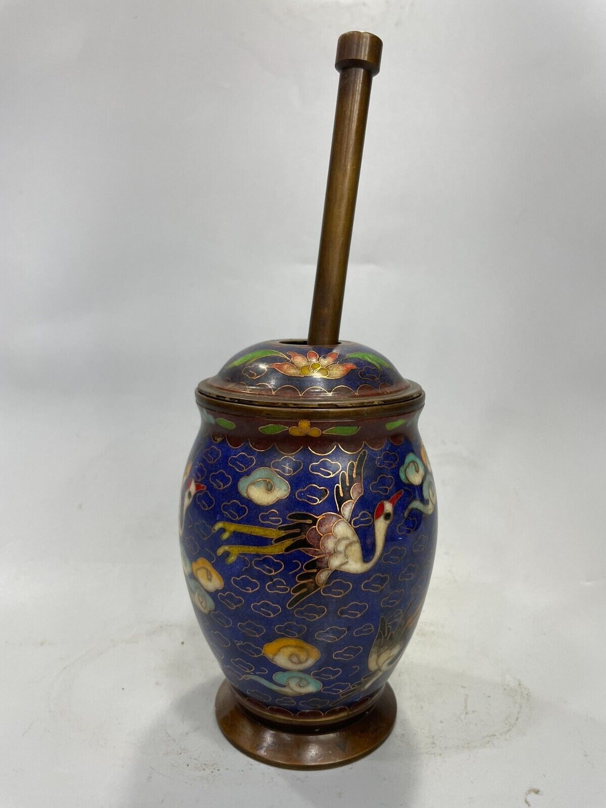 24cm Exquisite copper Cloisonne enamel cloud crane Tamping jar Chinese medicine