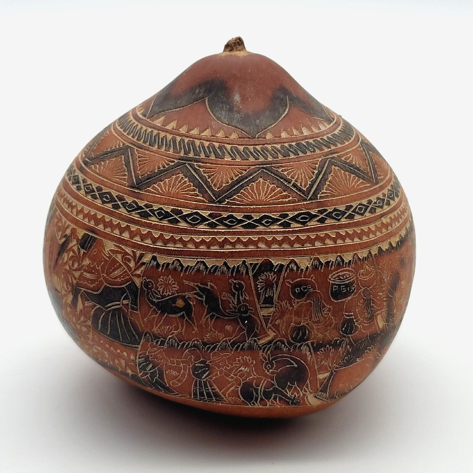 Vintage Peruvian Ornate Hand Carved Gourd