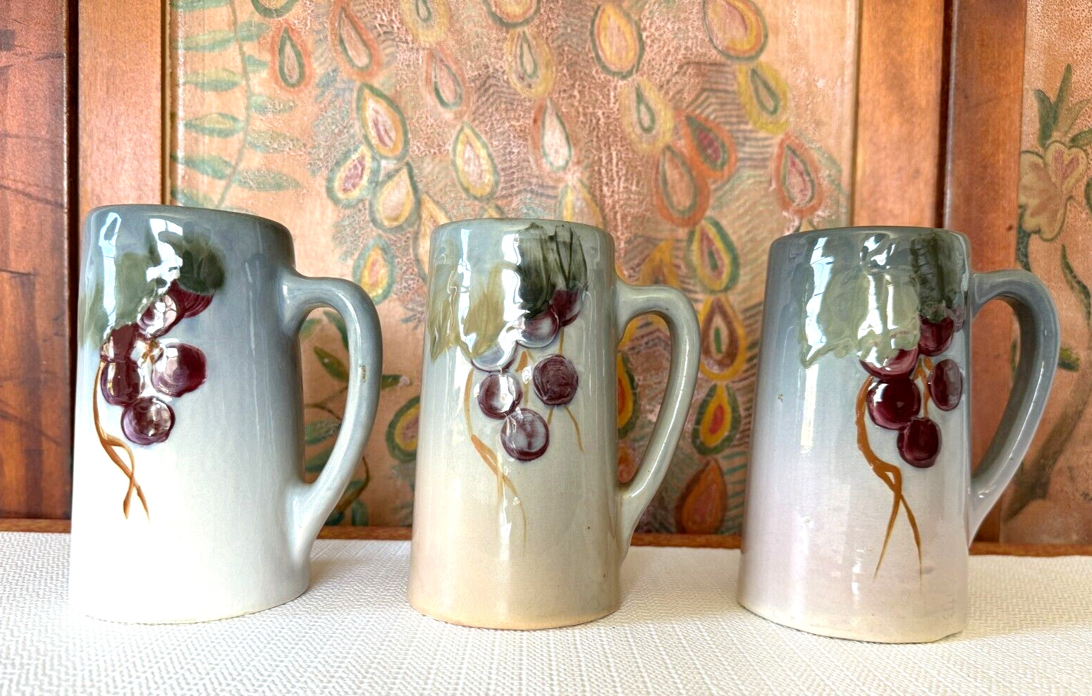 Antique Weller Pottery Hand Painted Etna Mugs - Grape Decoration (Set of 3)