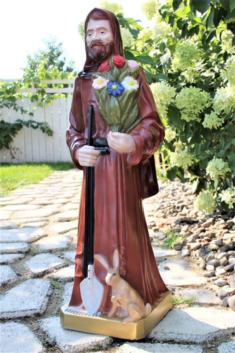 St. Fiacre Outdoor Garden Statue Shovel Flowers Rabbit 24 inch Indestructible