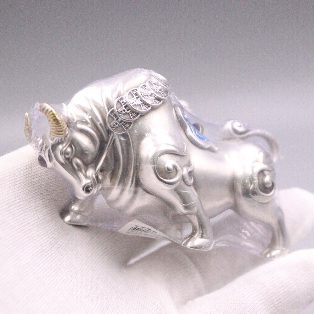 Real 999 Fine Silver Statue 3.30 inch H Ox Carry A String of Coins 115-120g