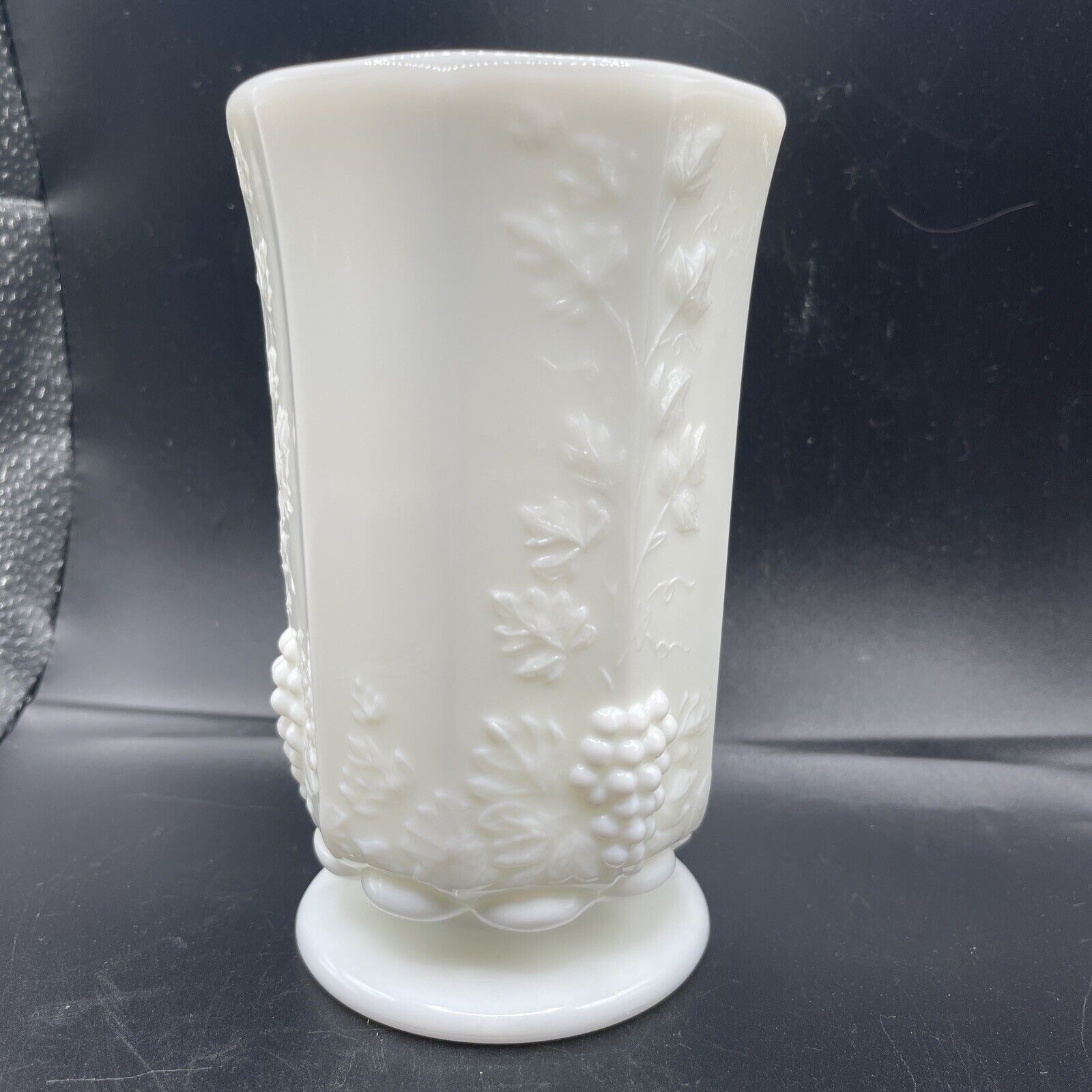 Westmoreland Celery Vase White Milk Glass Paneled Grape 6.25”