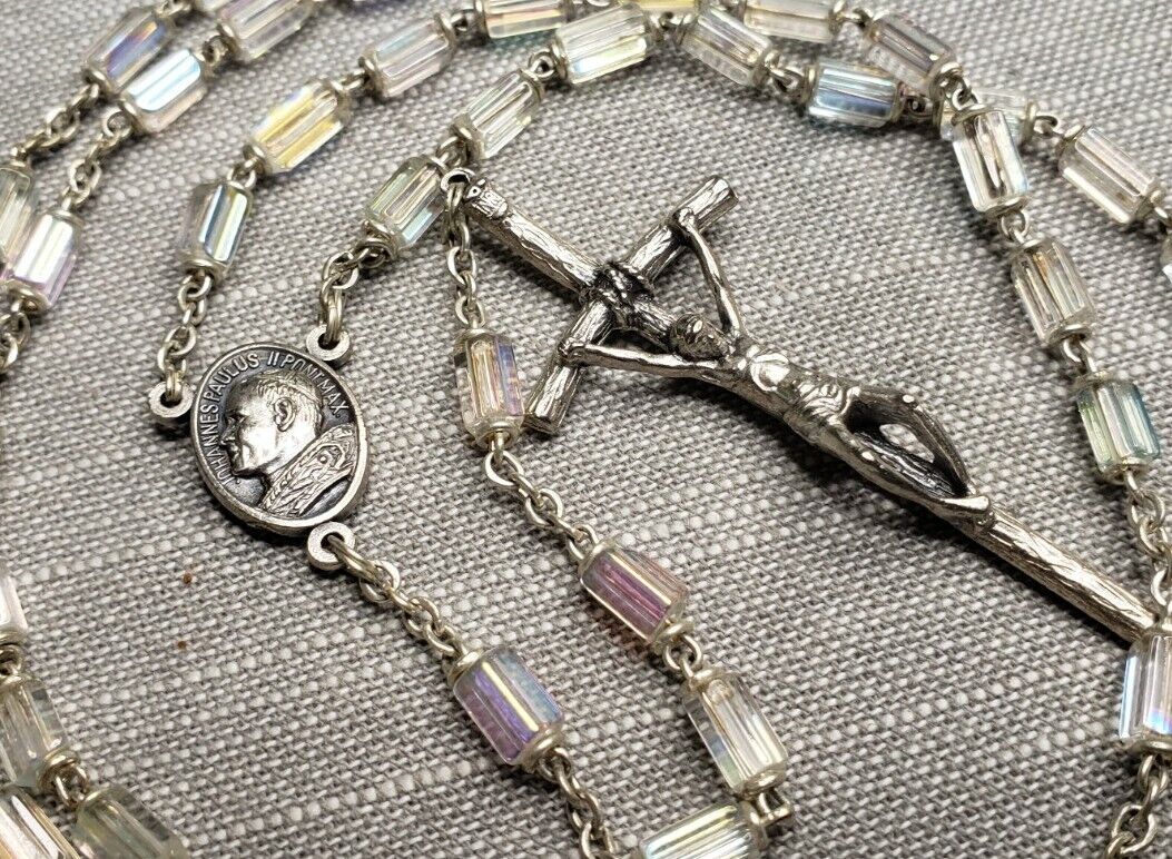 Vintage Rosary St Pope John Paul II Iridescent Glass Beads Christian H97
