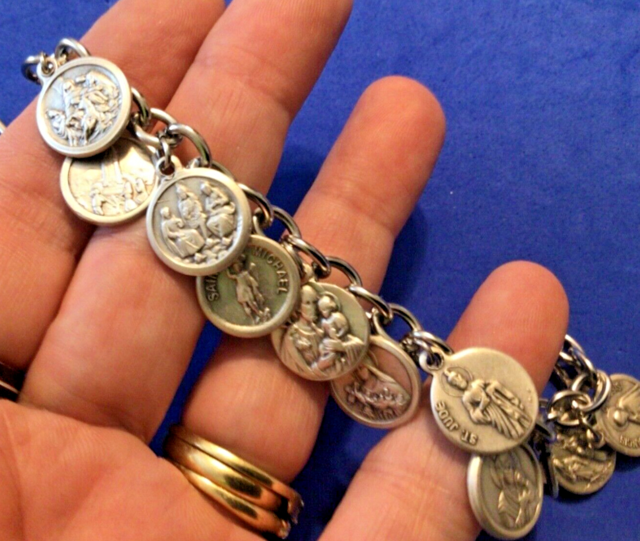 Handmade Saint Medal Charm Bracelet Lot Stainless Steel Chain 7.5” Saints Custom