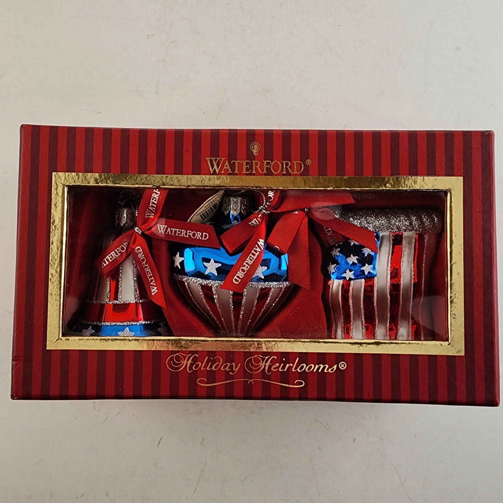 Waterford Holiday Heirlooms Set of 3 Patriotic Ornaments Bell Heart Flag NIB