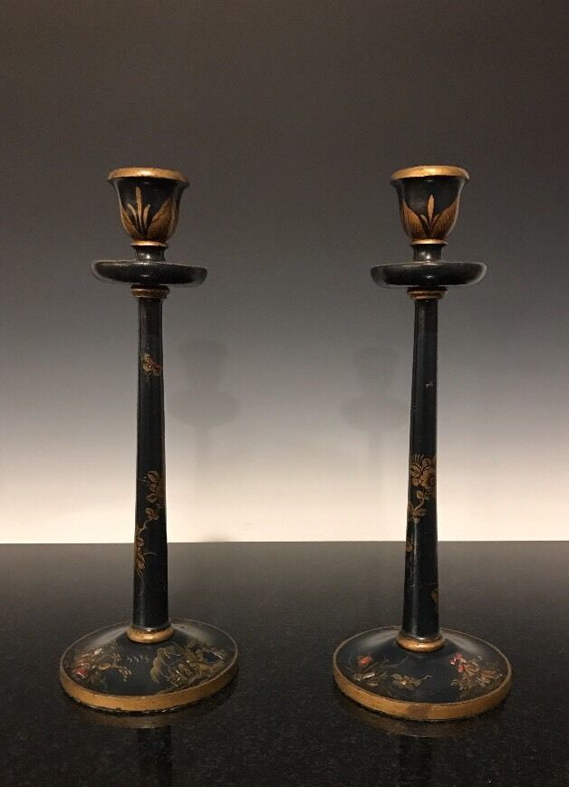 A Pair Of Antique French Japanned Lacquered Chinoiserie Candlesticks