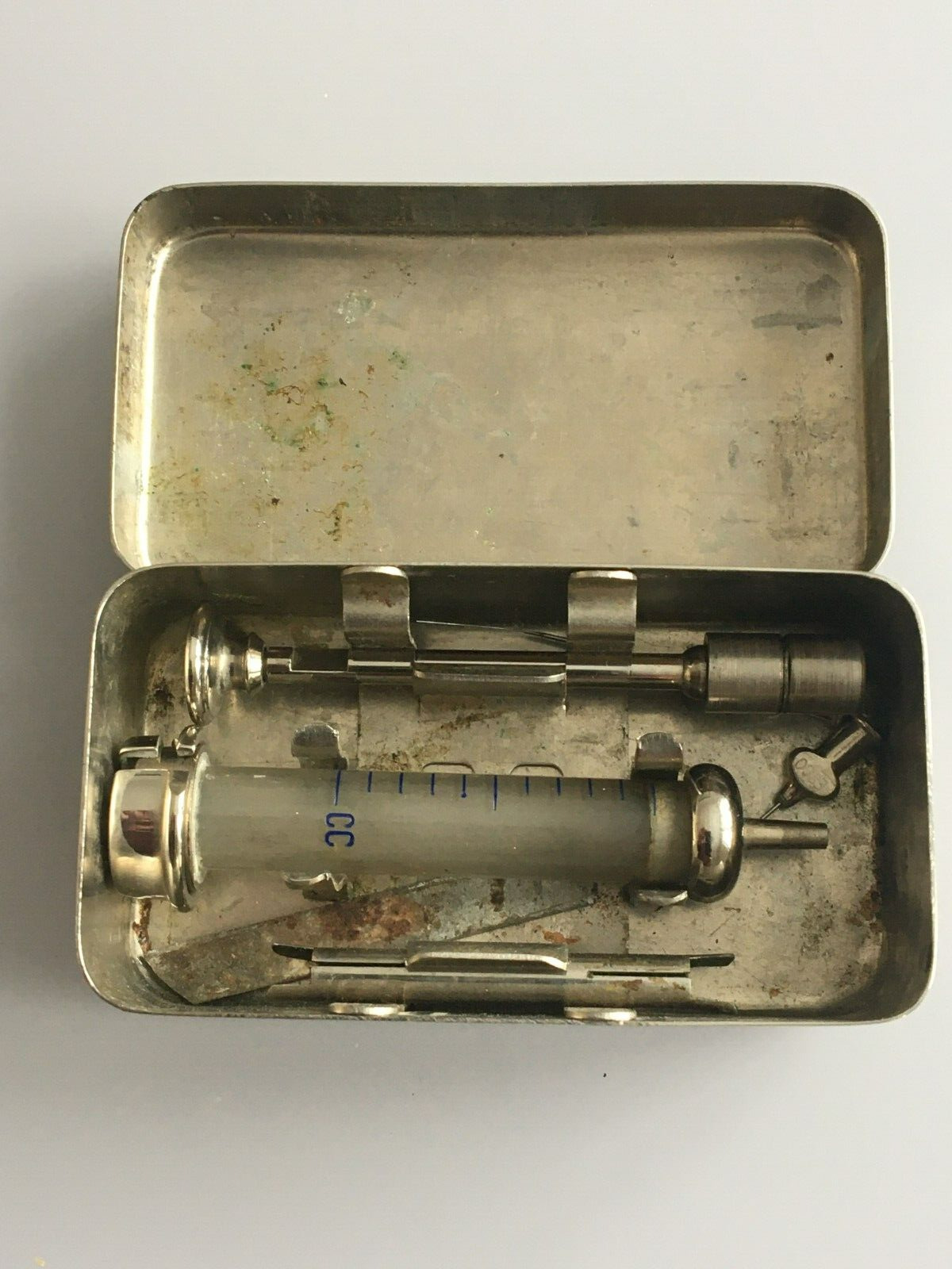 Vintage Antique Medical Surgical Instrument Kit Syringe Metal box Record