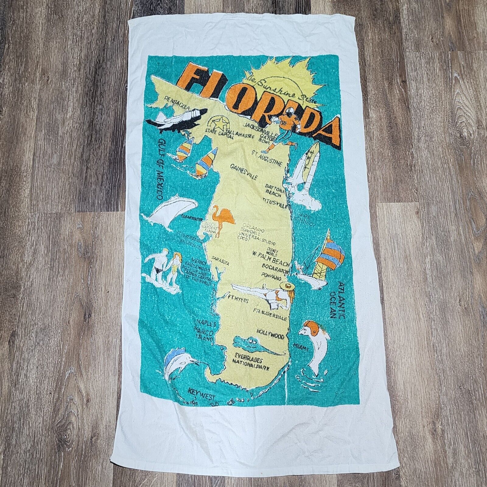 Vintage Florida State Map Miami Football Beach Towel 25x47 Vacation Souvenir