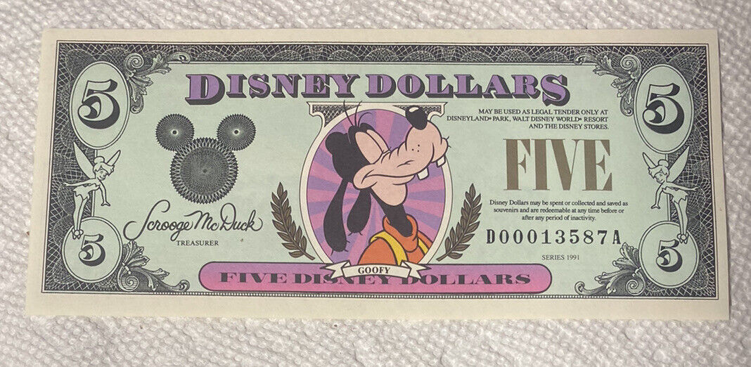 1991-DA Block. $5 Disney Dollars. Goofy. Disney World. CU. From Original Pack.