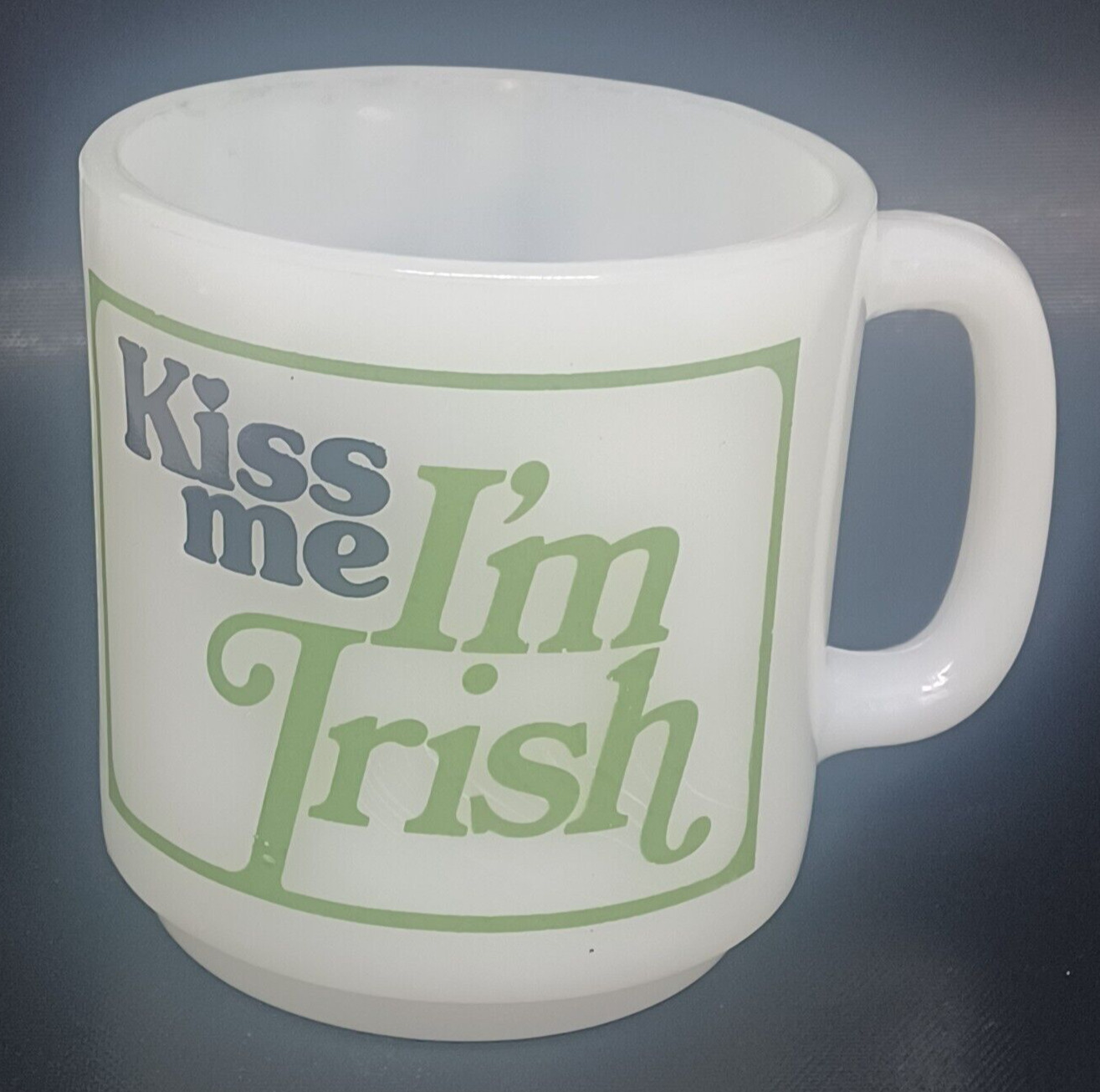Vintage Glasbake 77 Milk Glass Green Kiss me I'm Irish Coffee Mug Tea Cup