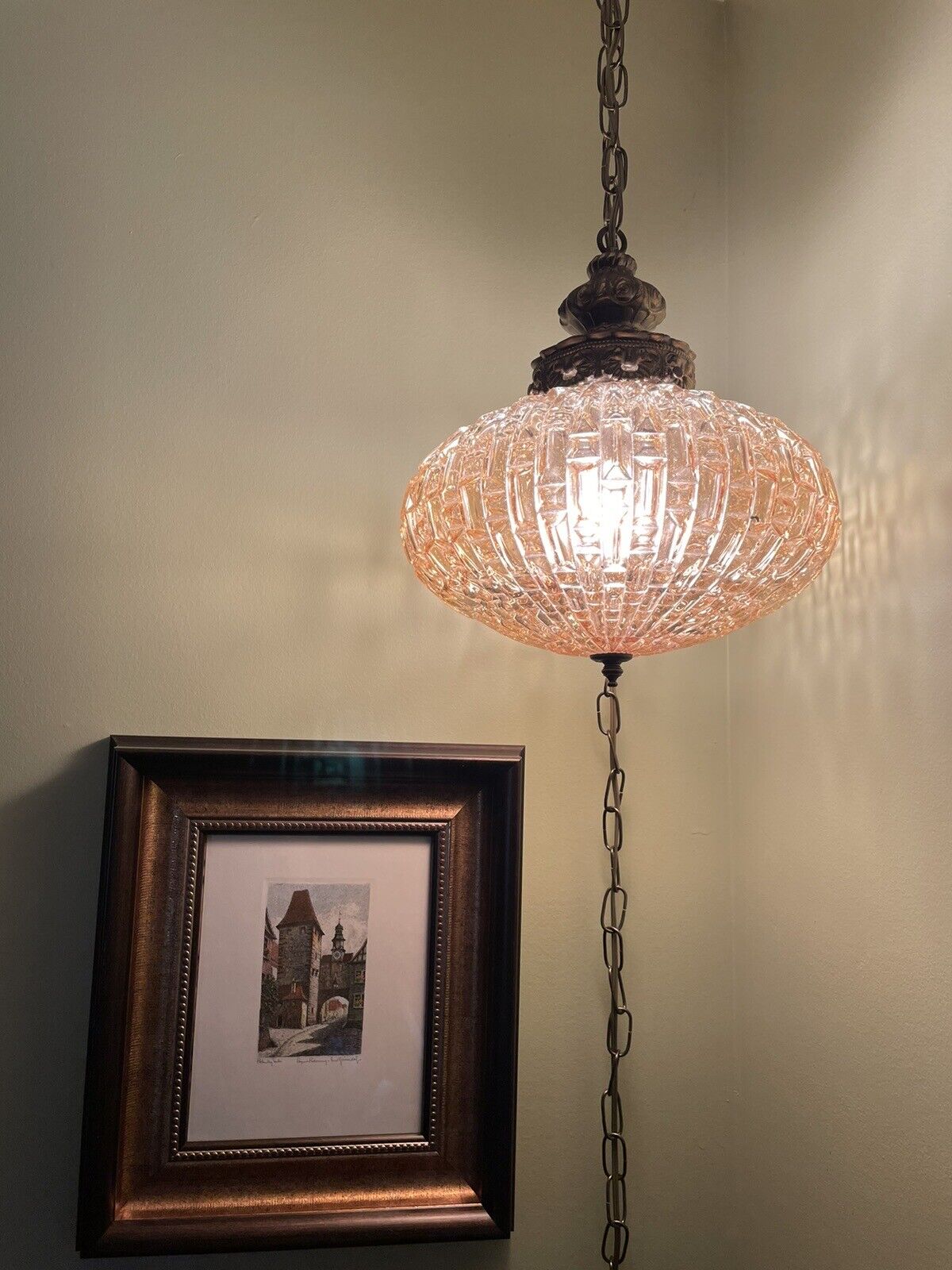 Vintage Stunning Hollywood Regency Swag Lamp Cut Glass MCM Amber Pendant Light