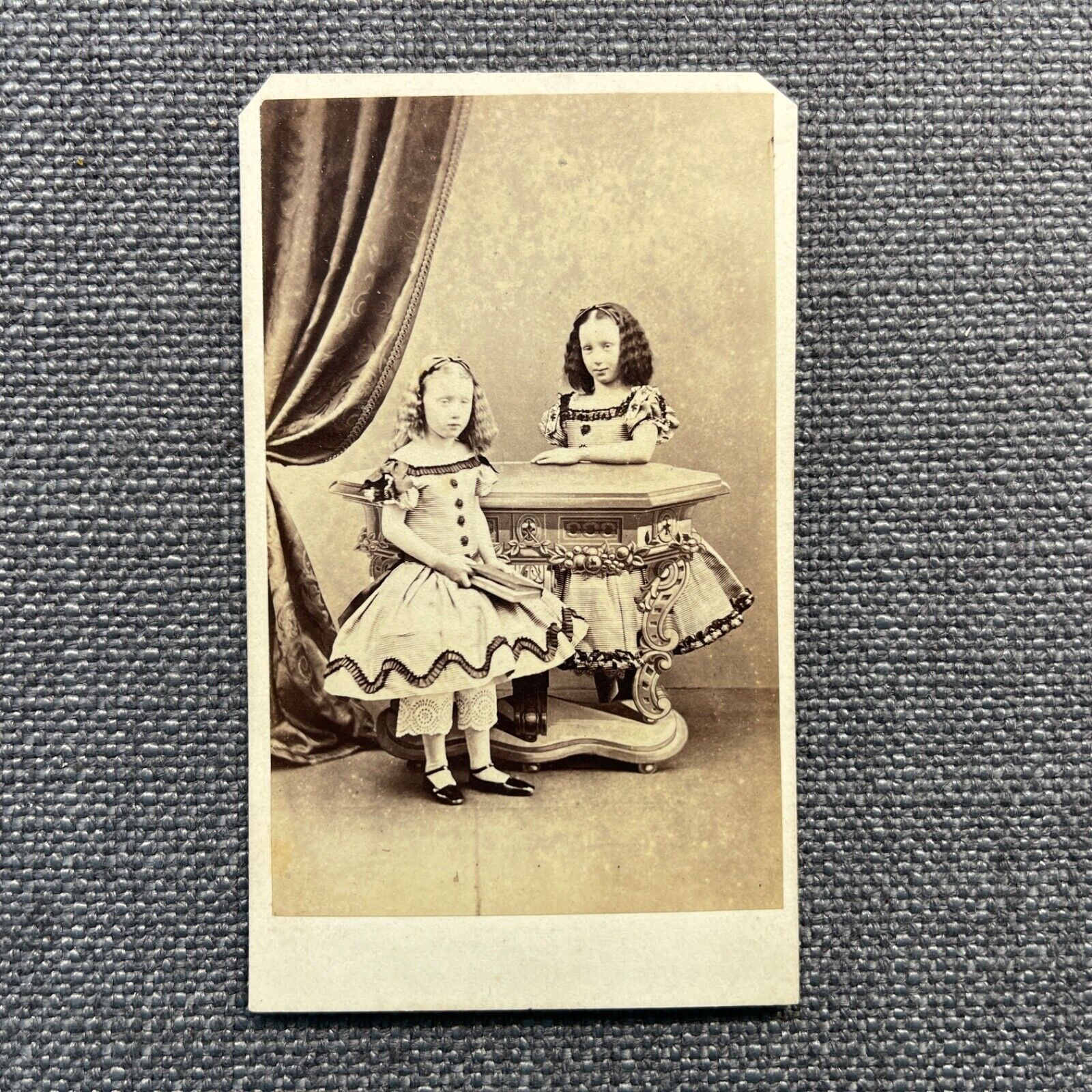 CDV Photo Antique Portrait Two Little Girls in Short Hoop Skirt Dresses UK