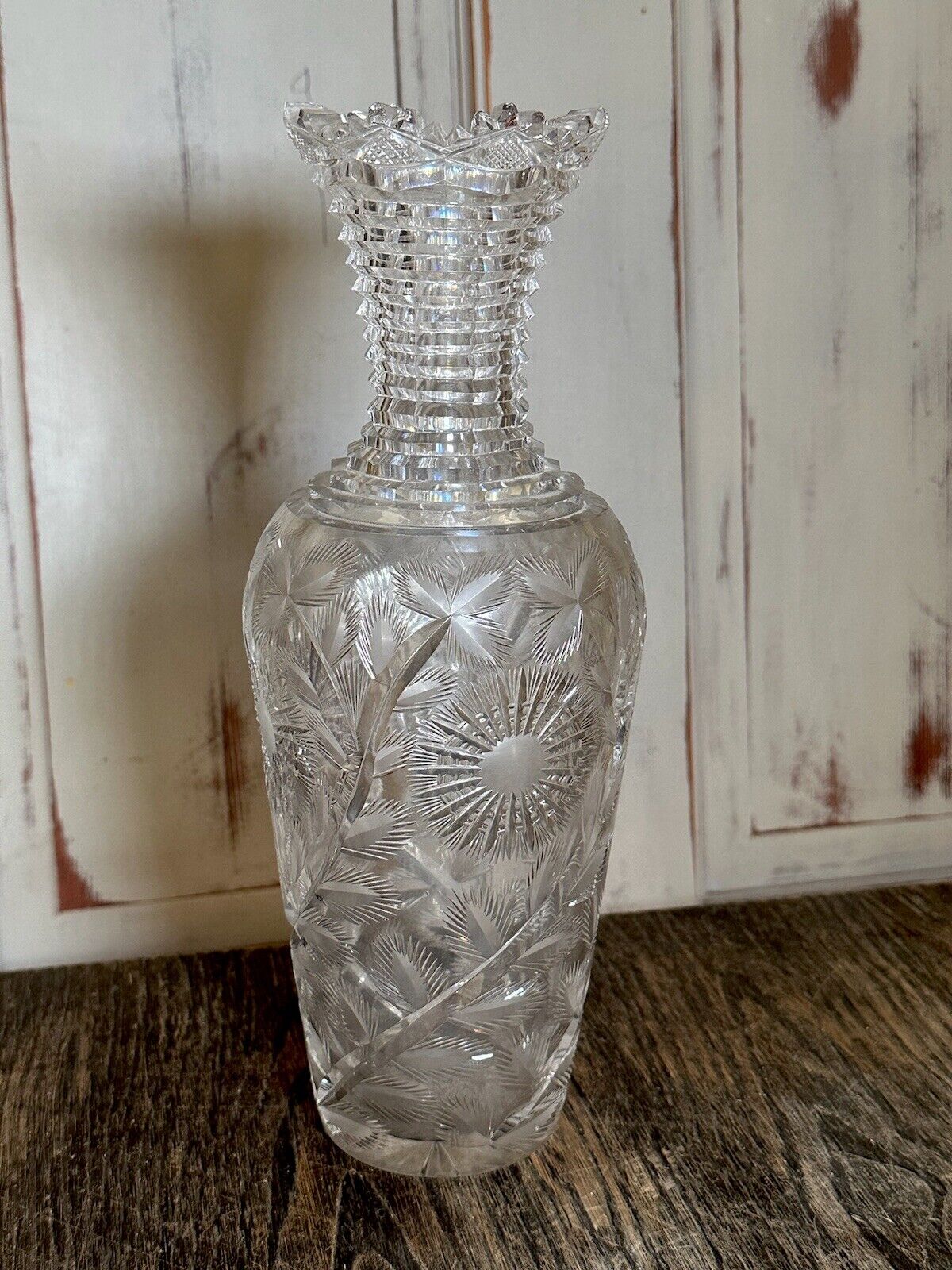 American Brilliant Cut & Engraved Glass 11.5”. Vase Flower Bowling Pin 5lbs