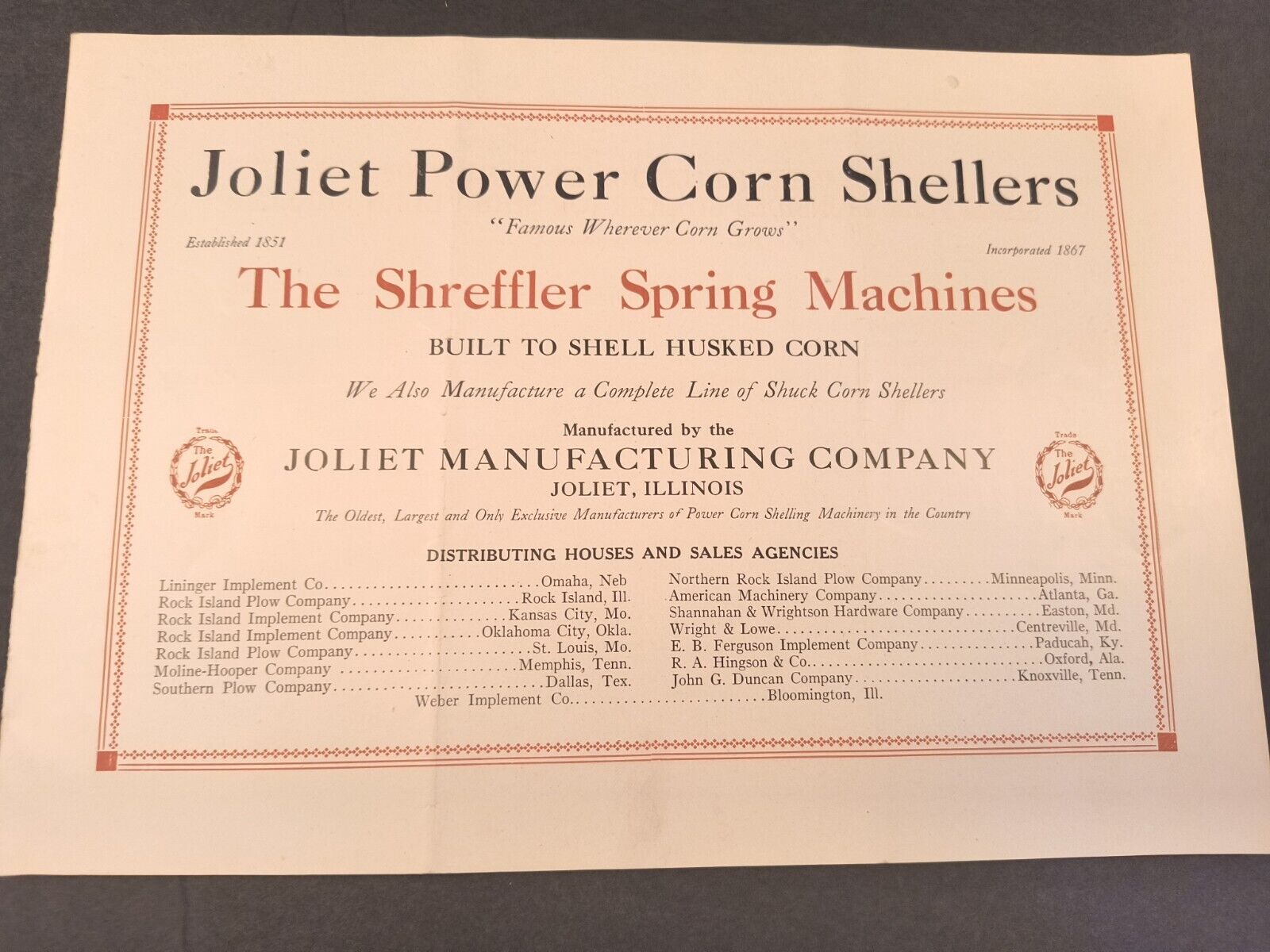 1914 Joliet Manufacturing Power Corn Shellers Sales Brochure Advertising Farm 