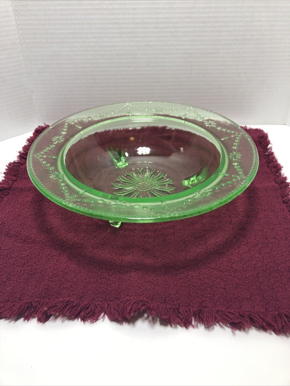 Green Depression Glass Footed Bowl 11” Antique