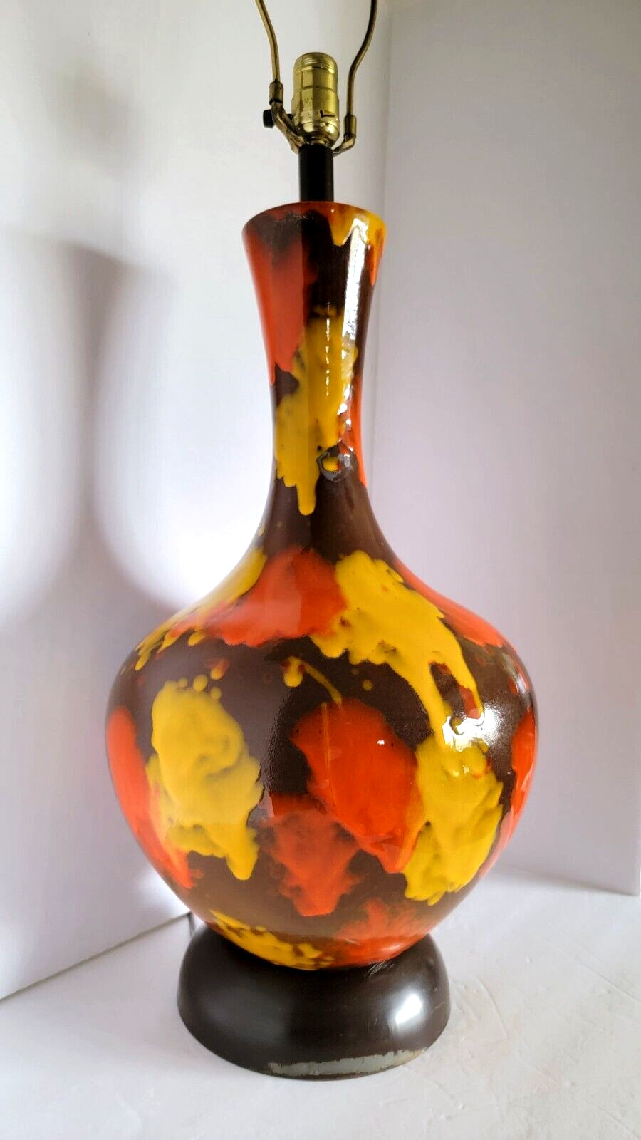 Vtg Mid Century Modern Ceramic Bottle Lamp Brown Orange Yellow Drip Glaze Lamp