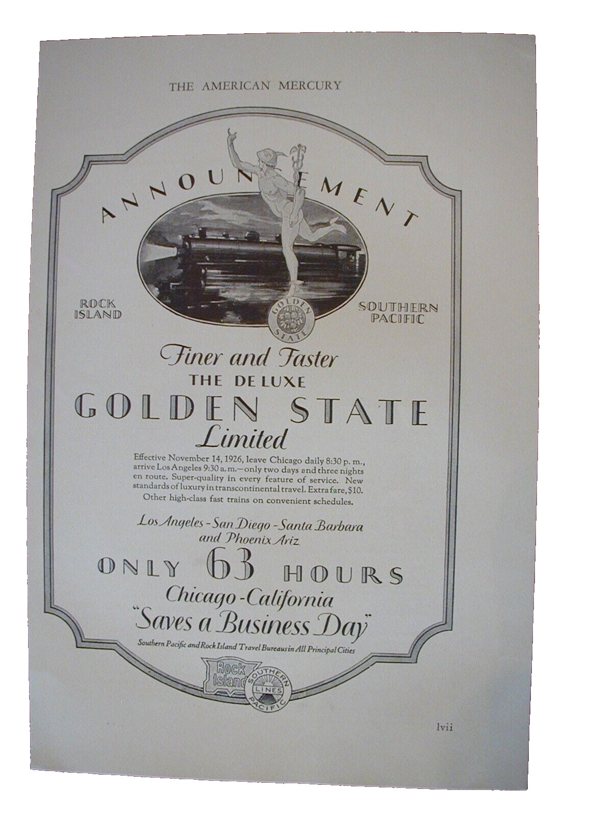 1926 Rock Island Southern Pacific Lines Golden State Limited Vintage PRINT AD67