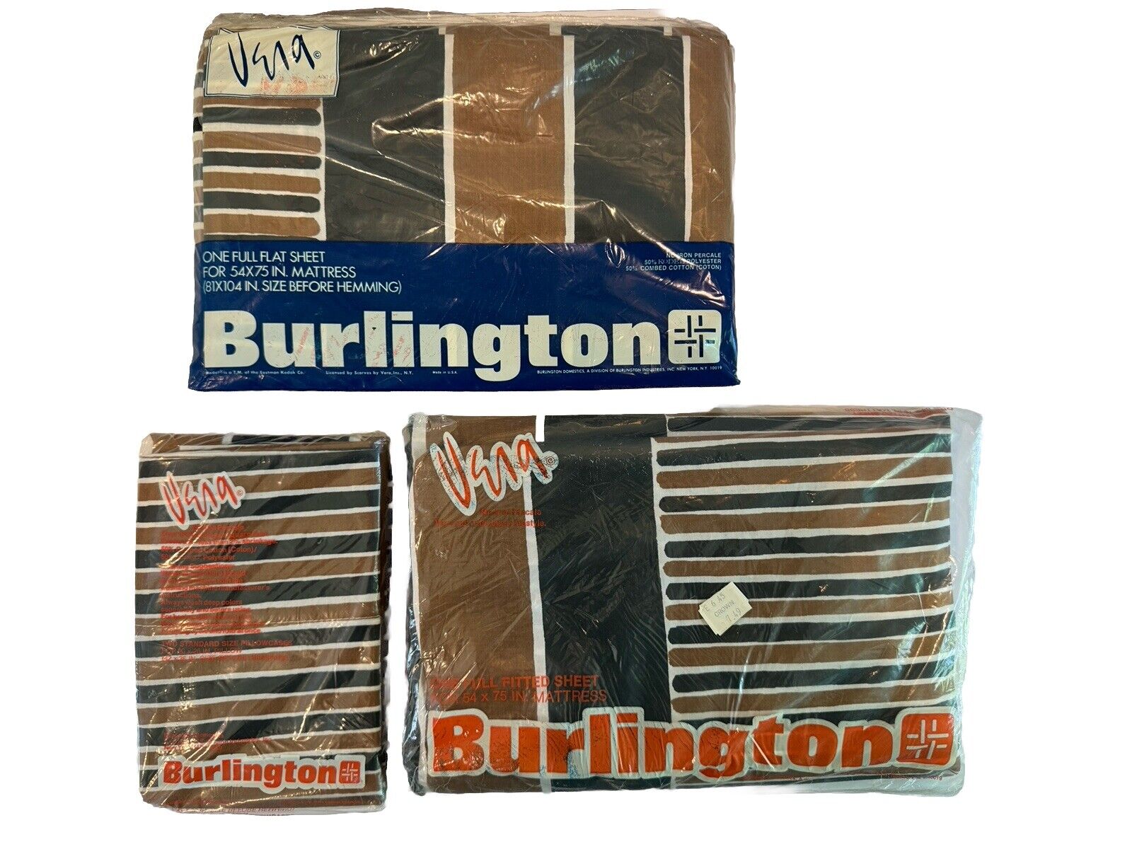 Gorgeous NOS Sealed Burlington MCM Full Sheet Set Flat Fitted Pillowcases Brown