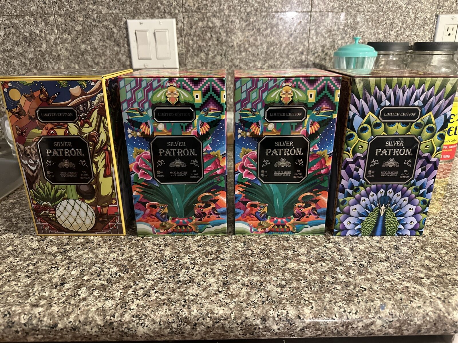 Patron Silver Tequila Limited Edition Metal Tins Peacock/Leopard, Wolves, Parrot