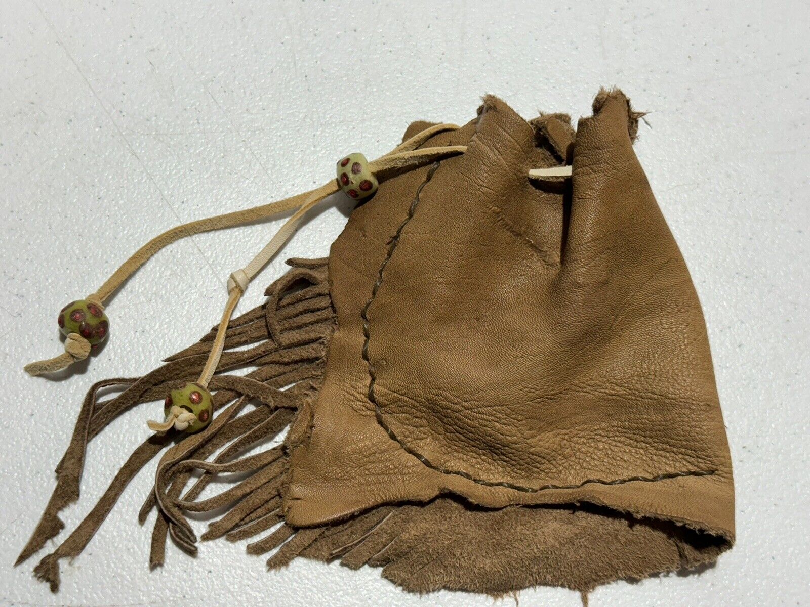 Vintage LEATHER MEDICINE BAG Native American POUCH Fringed Small Brown Beads