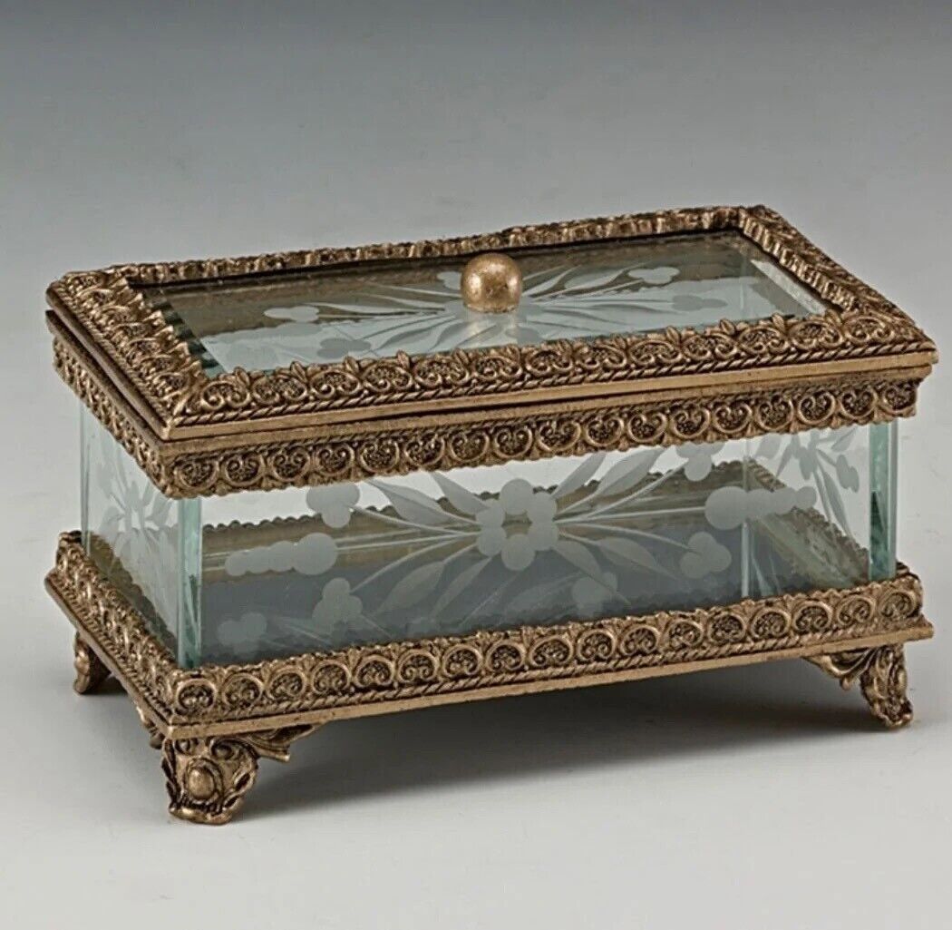 Antique Ormolu antique 20th century French type glass jewelry box with mirror