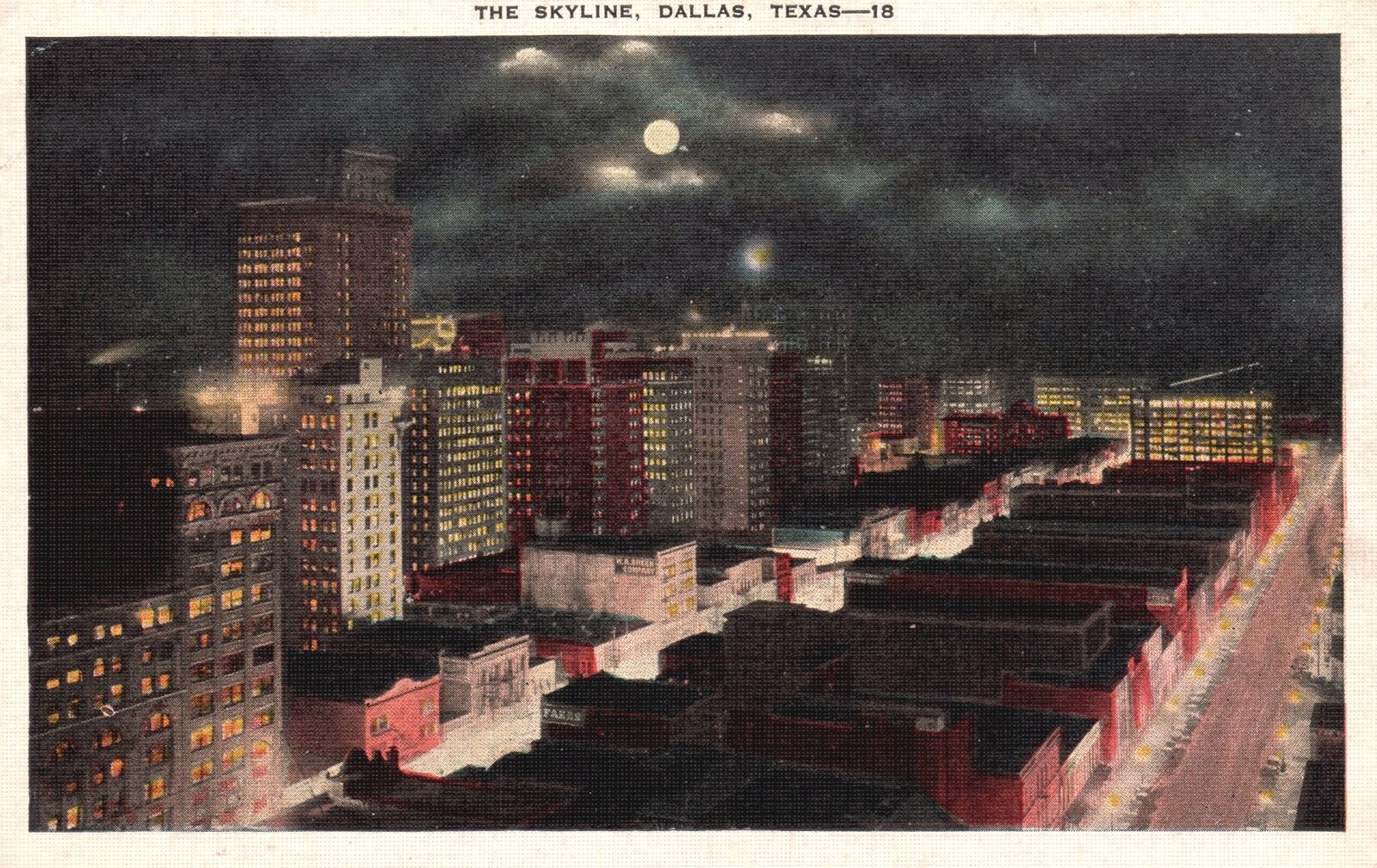 Dallas TX-Texas, The Skyline Moonlight Ocean View Hotels, Vintage Postcard