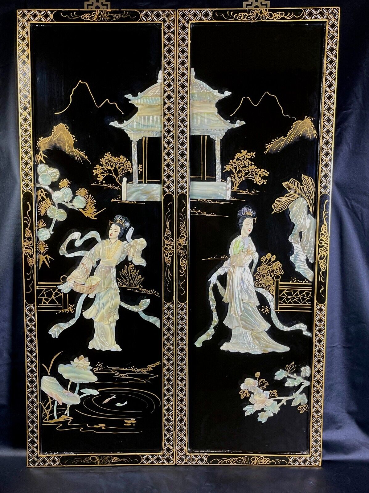 Two Vintage Oriental Mother Of Pearl Black Lacquer Hanging Wall Panels 36”X12\